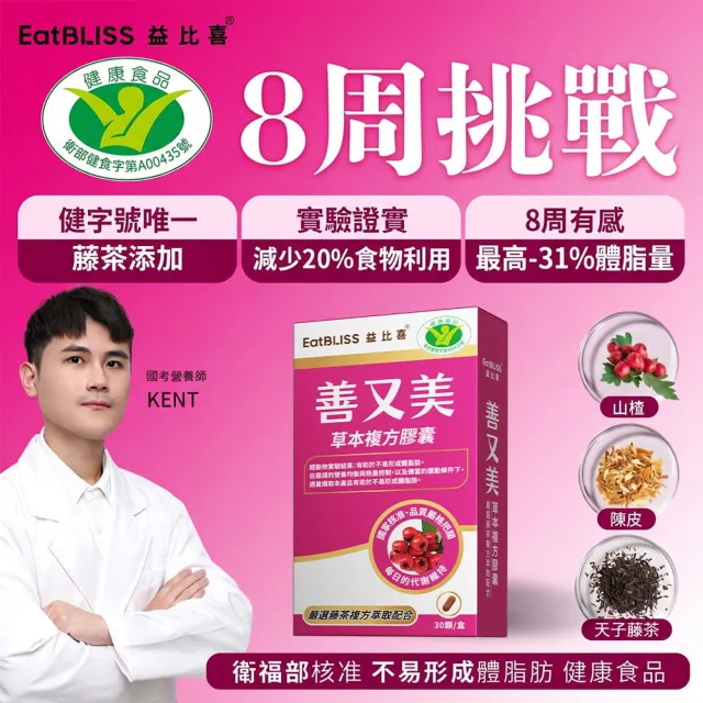 【EatBLISS 益比喜】健字號善又美草本複方膠囊5入組(30粒/盒 國家核准不易形成體脂肪)