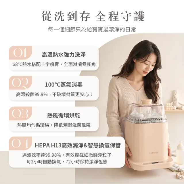 【Celinda 賽寧】家電集購 小淨寶奶瓶清洗機205粉杏色(二代機型/獨立烘乾/蒸氣消毒/無菌保管/奶瓶消毒鍋)