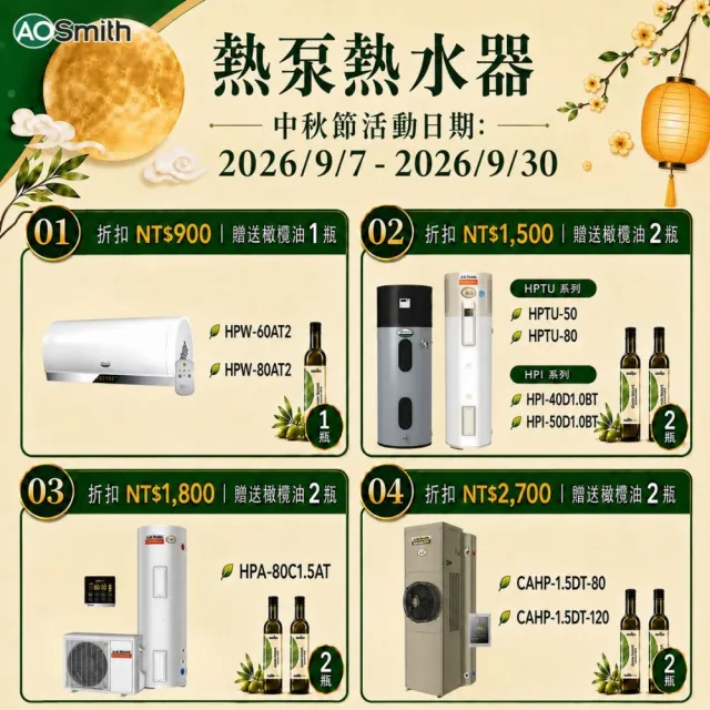 【A.O.Smith】AO史密斯40加侖超節能熱泵熱水器 省電又省錢(HPI-40 超靜音 室內室外皆可安裝)