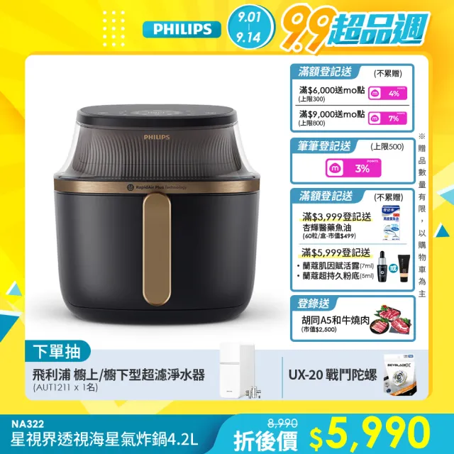 【Philips 飛利浦】抽UX20戰鬥陀螺_星視界透視海星氣炸鍋4.2L_NA322/00