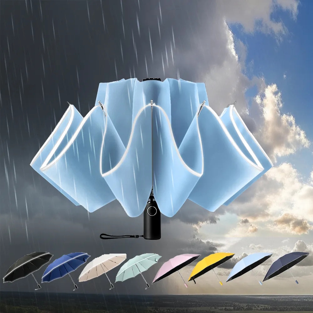 【RainCity】2入組 開車必備自動反向傘 鋁合金玻纖10骨抗暴風 黑膠UPF50+防曬晴雨傘 安全反光條車用折疊傘