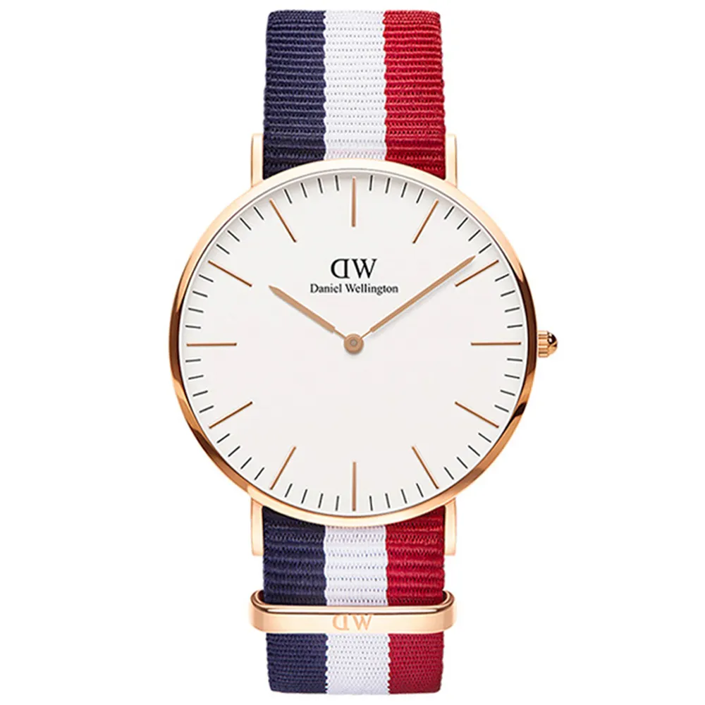 【Daniel Wellington】DW 手錶  Classic Cambridge 40mm藍白紅織紋錶-玫瑰金框(DW00100003)
