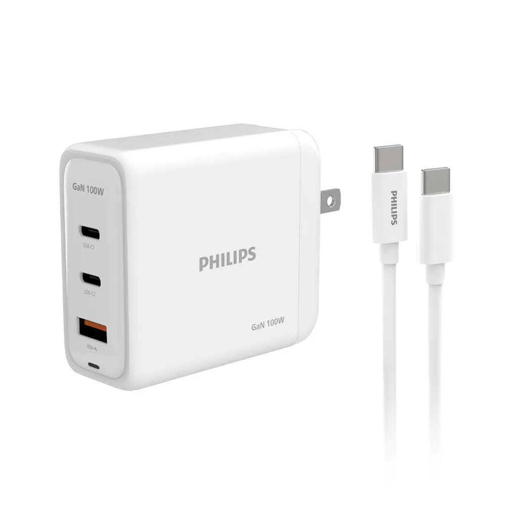 【Philips 飛利浦】100W GaN氮化鎵PD TypeC USB PD/QC 3孔+100W傳輸線 旅充組(DLP6343C)
