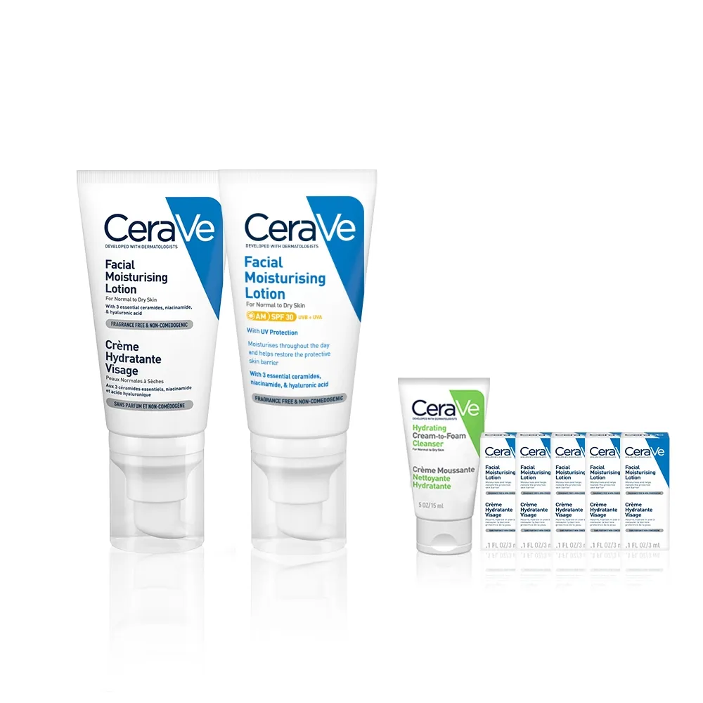 【CeraVe 適樂膚】日夜全效保養組★全效超級修護乳 52ml+溫和清爽保濕防曬乳 SPF30 52ml_A(臉部保濕修復)