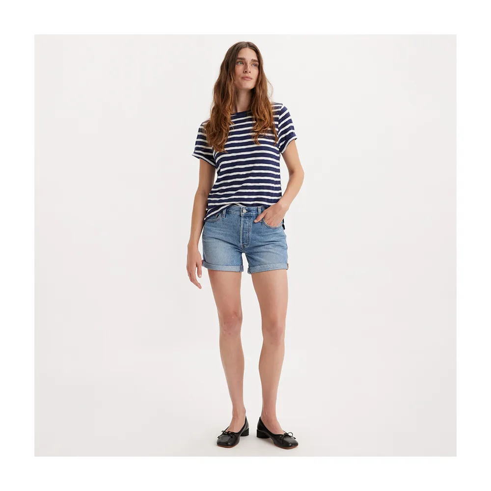 【LEVIS】女款 501中腰排釦牛仔短褲 / 固定式上捲褲管 / 精工輕藍染水洗 熱賣單品 29961-0035