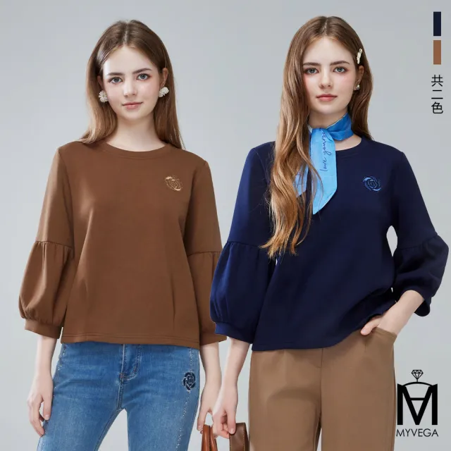 【MYVEGA 麥雪爾】MA玫瑰燙鑽刺繡燈籠澎澎袖上衣-共二色(日系/女上衣)