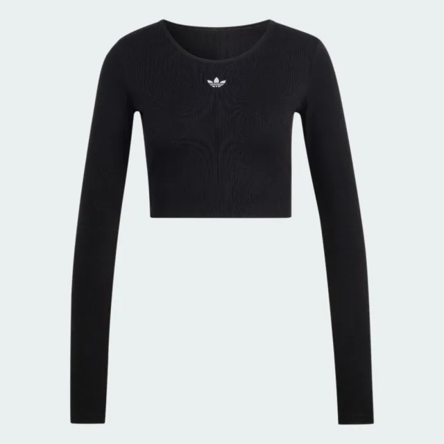 【adidas 愛迪達】Ess Rib Crop Ls 女 長袖上衣 休閒長袖 短版 黑(KR1098)