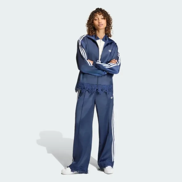 【adidas 愛迪達】Fb Sat Lace Tt 女 立領外套 運動外套 休閒穿搭 蕾絲下擺 深藍(LD1803)