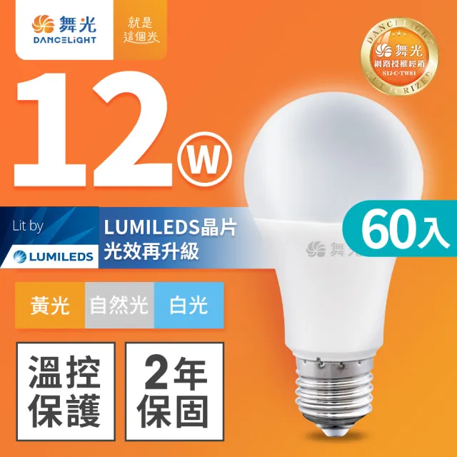 【DanceLight 舞光】60入組 新升級 12W LED燈泡 E27 全電壓(白光/自然光/黃光)