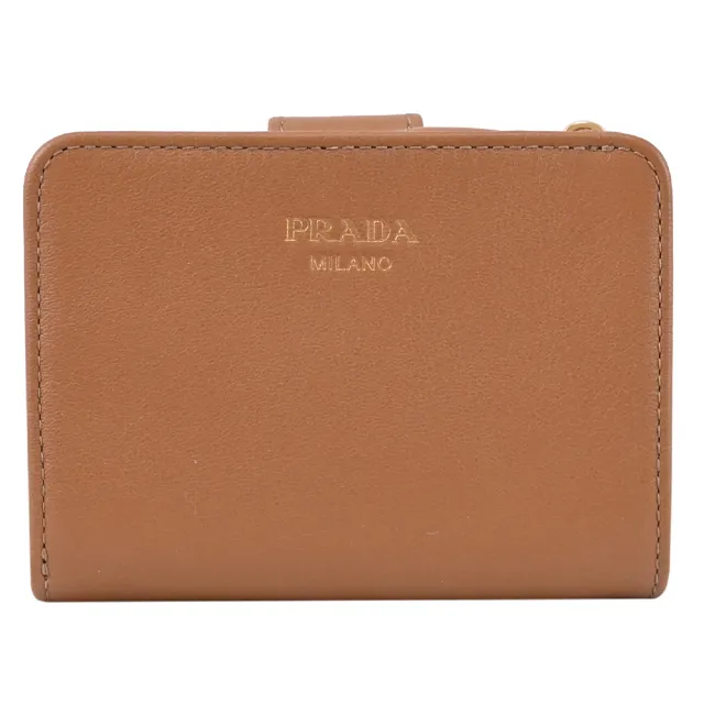 【PRADA 普拉達】經典烙印LOGO小牛皮扣式零錢短夾(焦糖棕)