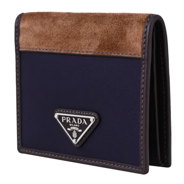 【PRADA 普拉達】經典三角LOGO尼龍麂皮對折6卡短夾(深藍/棕)