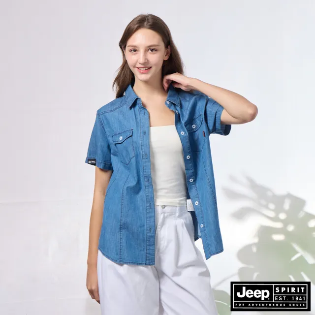 【JEEP】女裝 復古風丹寧短袖襯衫(藍色)
