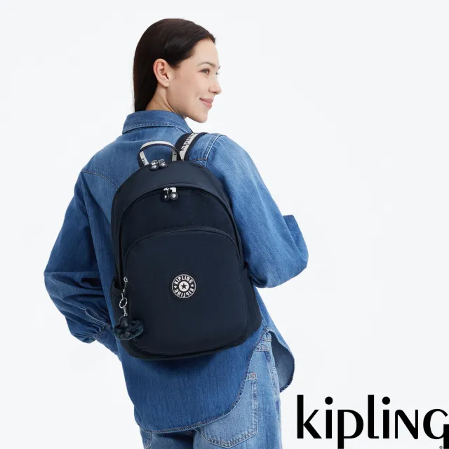 【KIPLING】藏藍黑白織帶時尚拉鍊大開口後背包-DELIA M 女包