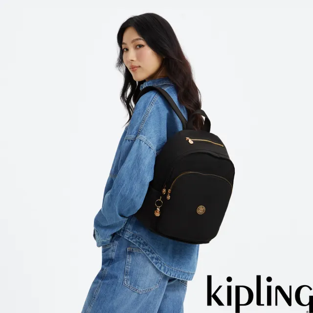 【KIPLING】墨黑金上方拉鍊後背包-DELIA 女包