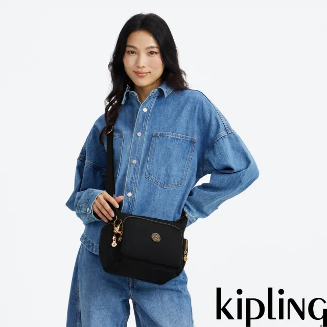 【KIPLING】『牛角包』墨黑金輕巧多袋實用側背包-GABB S 女包