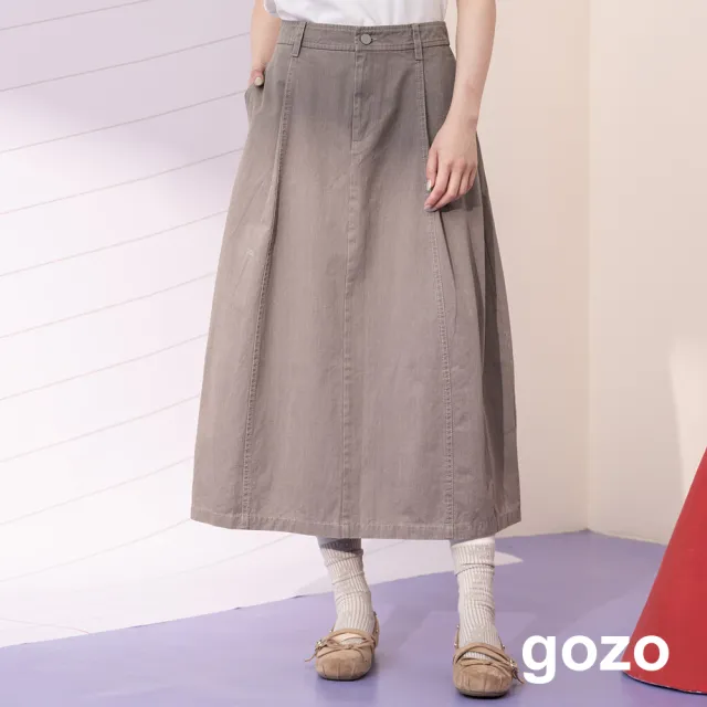 【gozo】水洗紋理後鬆緊打摺花苞裙(灰色/深灰)