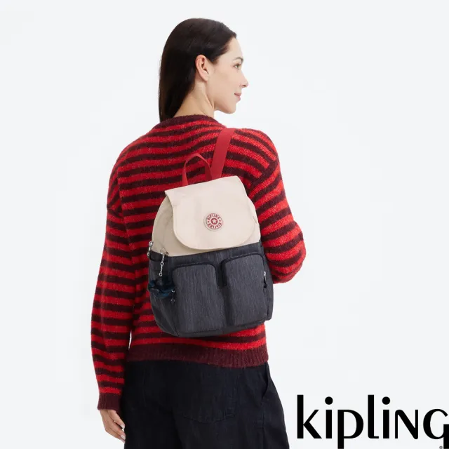 【KIPLING】『猴子包』牛仔拼接掀蓋多袋收納後背包-CITY POCKET S 女包