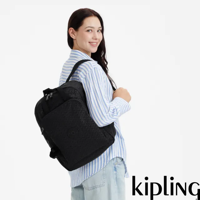 【KIPLING】經典黑菱格紋印花拉桿行李袋後背包-KAZUKI L 女包