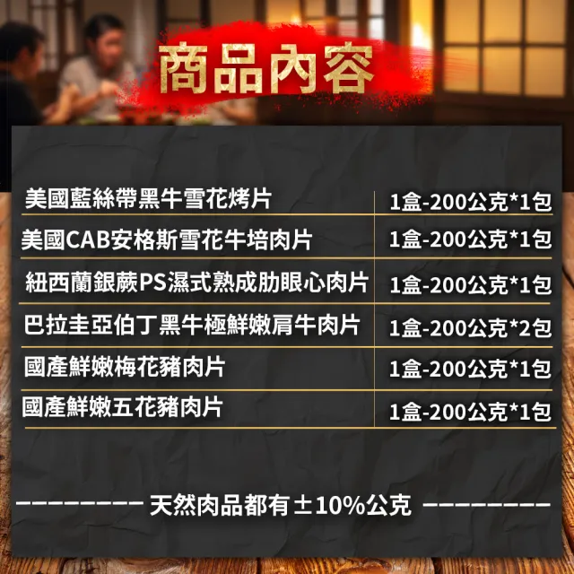 【勝崎生鮮】肉食控燒肉7件組(1400公克±10%/7包)-MOMO獨家-中秋烤肉
