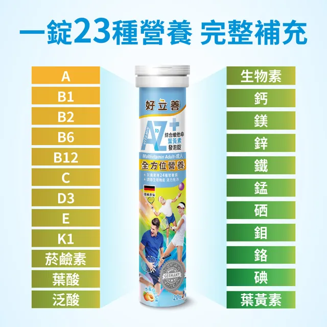 【Heilusan 好立善】成人綜合維他命發泡錠20錠(蜜桃口味 葉黃素.維他命ADB群.葉酸.鈣鎂鋅鐵硒鉻)