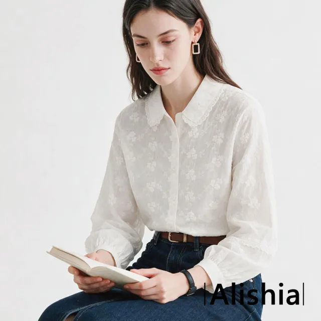 【Alishia】法式復古純色翻領刺繡花邊襯衫 上衣 長袖 M-2XL(白色)
