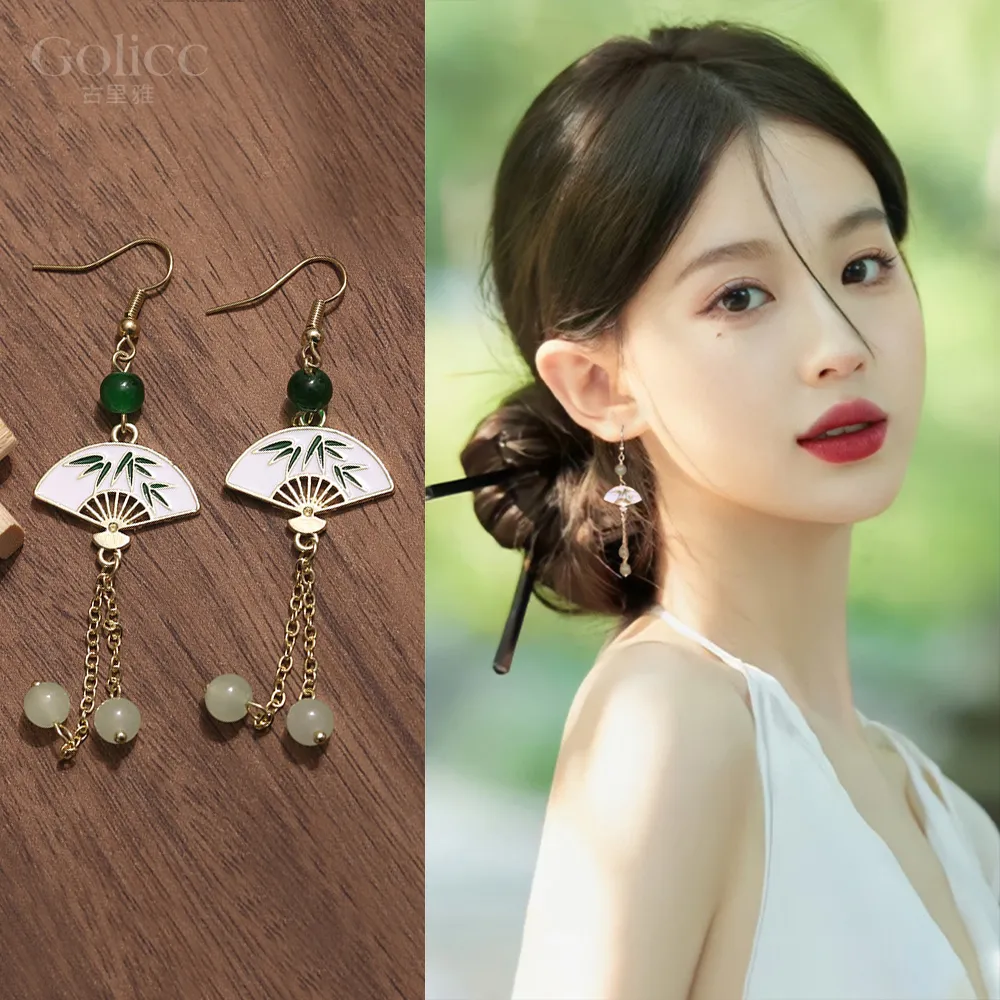 【Gulicc 古莉可】耳環 玉石流蘇扇 中式墜式(99購物節 生日 飾品 耳釘 耳飾 耳墜 禮物)