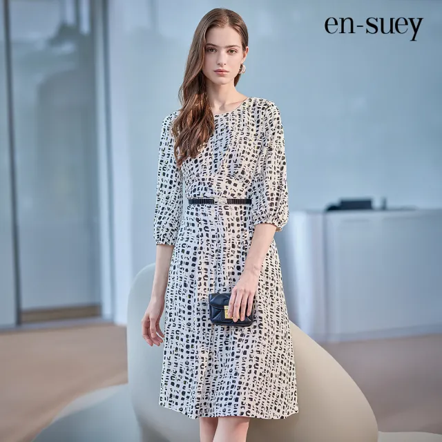 【en-suey 銀穗】EU幾何印花嵌蔥打褶袖連身洋裝-女
