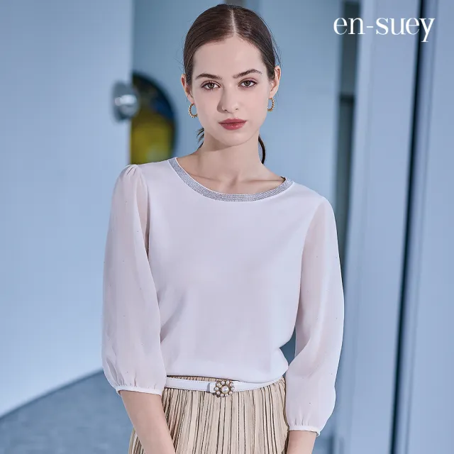 【en-suey 銀穗】EU領燙鑽異素材雪紡袖線衫-女
