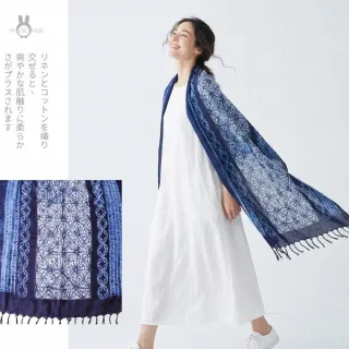 【WOONUE】日系棉麻藍染森林民族風披肩海灘巾披肩圍巾防曬披肩冷氣披巾青花瓷禮物母親媽女友老婆禮物情人節
