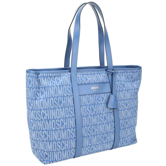 【MOSCHINO】字母緹花布拼牛皮附吊飾肩背托特包(藍色 手提 帆布包 通勤包)