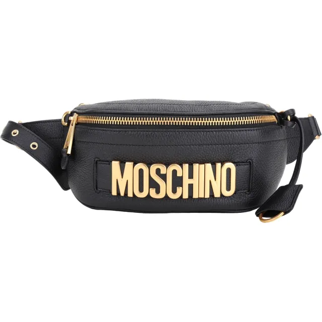 【MOSCHINO】金字荔紋牛皮胸肩背 腰包-附鑰匙圈(黑色 側背包 隨身小包 真皮)