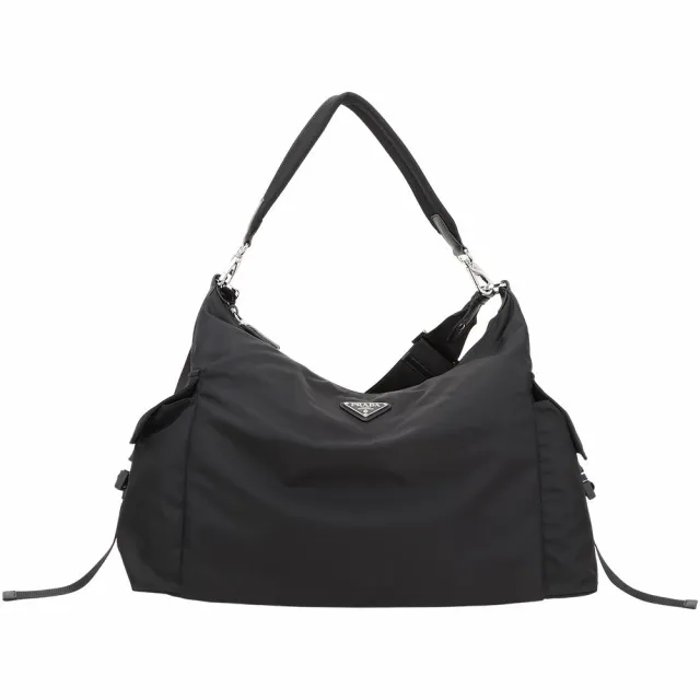 【PRADA 普拉達】Explore Re-Nylon 男女共用 銀三角牌雙袋再生尼龍手提 肩斜背包(黑色 流浪包 通勤包)