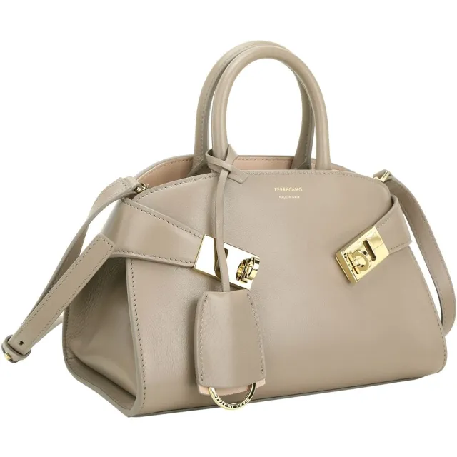 【Salvatore Ferragamo】HUG 馬蹄金釦帶牛皮手提/斜背托特包(XS/灰粉色 波士頓包 保齡球包 兩用)