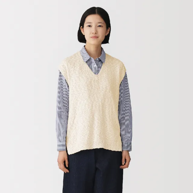 【MUJI 無印良品】女棉混節紗V領背心(墨灰/象牙白/米色)