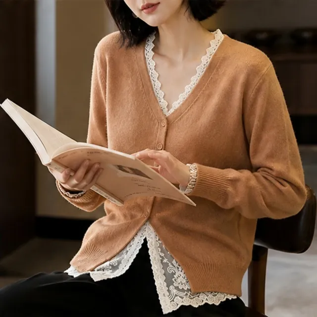 【LANNI 藍尼】★蕾絲拼接V領針織外套(女裝/女外套/休閒/百搭/日系/通勤)