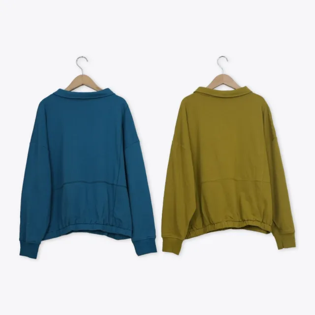 【MOSS CLUB】襯衫領半開拉鍊長袖棉T上衣 藍 黃