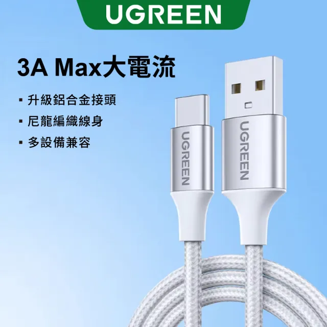 【綠聯】【綠聯】USB-A to Type-C 快充傳輸線 Aluminum BRAID 1M 銀色(A-C快充線/編織線/UGREEN)