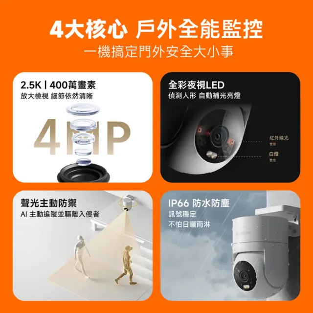 【小米】官方旗艦館 Xiaomi室外攝影機CW300(2.5K畫質/IP66/移動追蹤/主動警報/雙網路/全彩夜視/監視器)