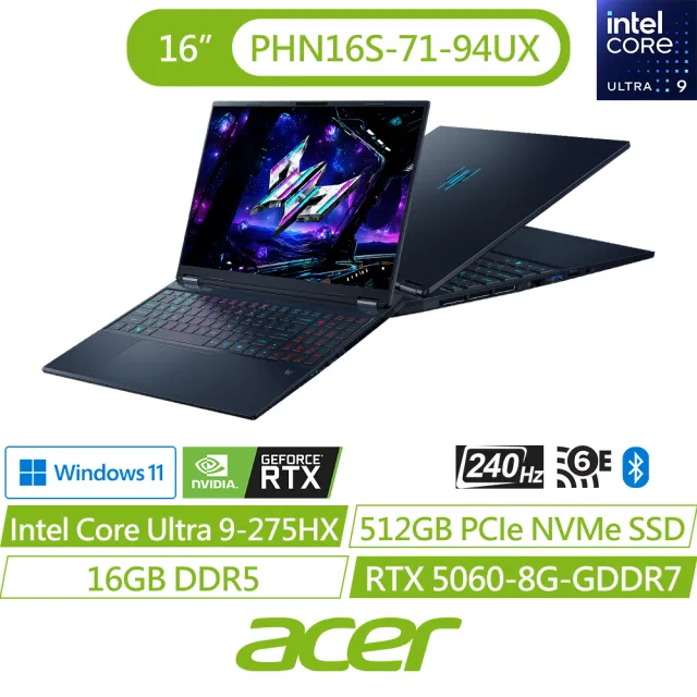 【Acer】送羅技滑鼠★16吋Ultra 9 RTX5060電競筆電(Predator/PHN16S-71-94UX/Ultra 9 275HX/16G/512G/W11)
