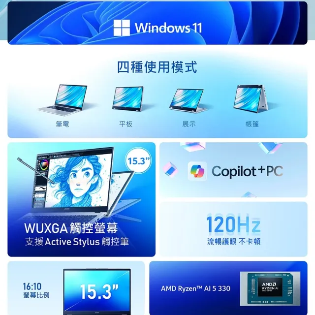 【Acer】筆電包/羅技鼠★15吋Ryzen AI 5 AI觸控翻轉筆電(Aspire Spin/ASP15-61N-R27Y/R5-330/16G/512G/W11)