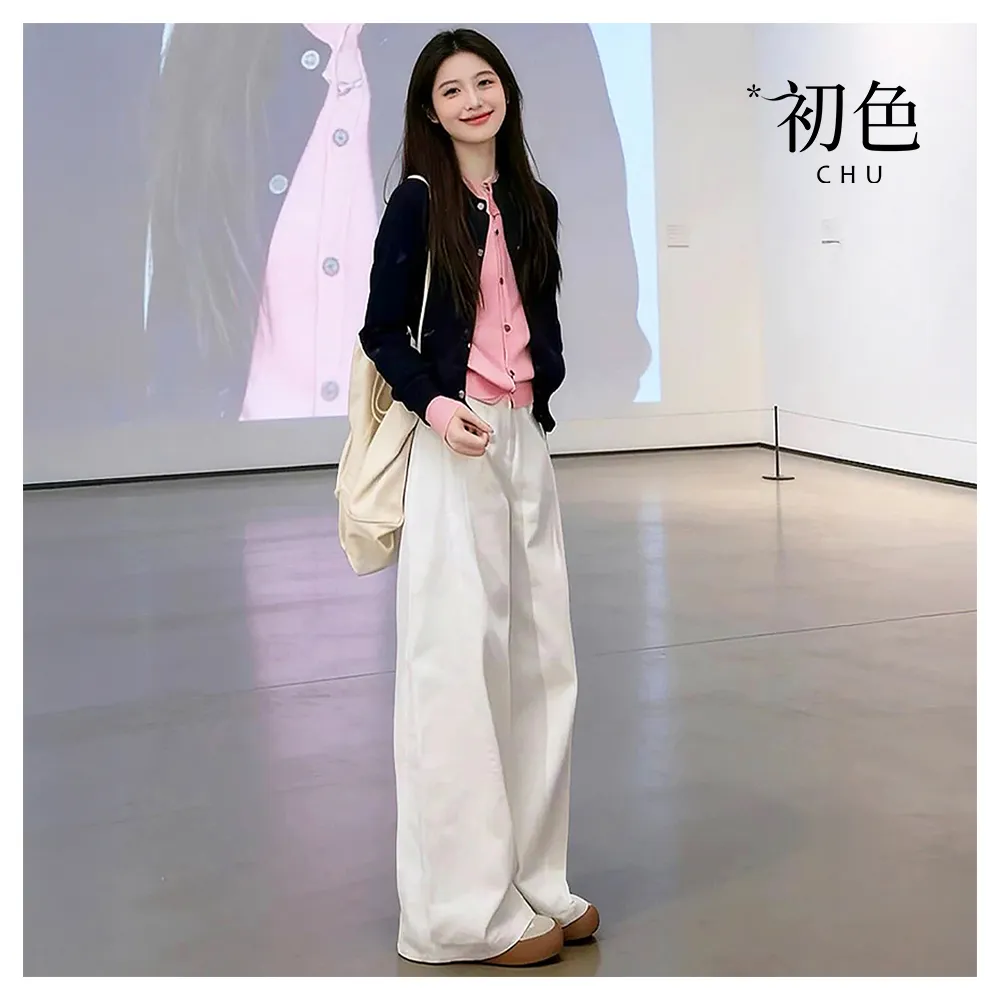 【初色】韓系撞色假兩件圓領單排釦長袖女上衣+純色闊腿褲休閒褲寬褲長褲套裝-黑粉衣白褲-19447(M-XL可選)