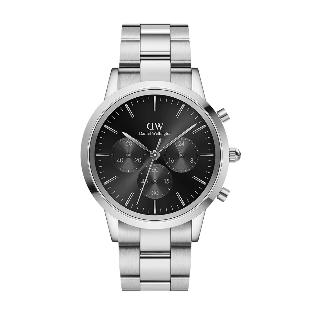 【Daniel Wellington】DW 手錶 Iconic Chronograph 42mm曜夜黑三眼精鋼錶-銀框(DW00100645)