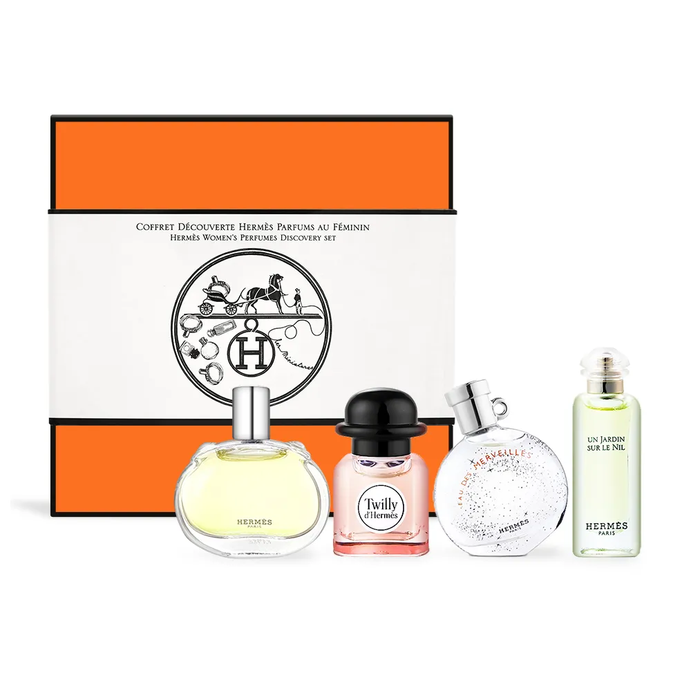 【Hermes 愛馬仕】小香禮盒四入組 絲巾+尼羅河花園+橘彩星光+巴赫尼(7.5mlX4)