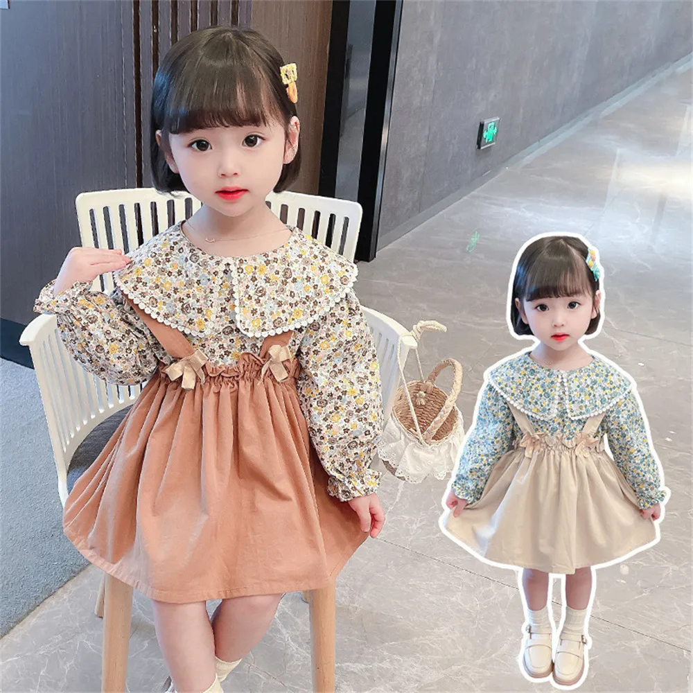 【安朵童舖】現貨韓版女童長袖時尚兩件式套裝兒童童裝碎花吊帶裙兒童女童吊帶長袖上衣(013)