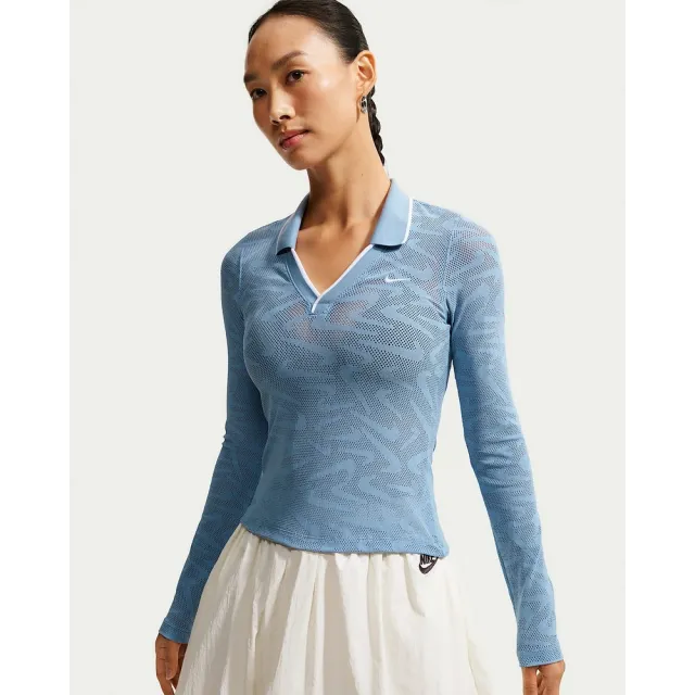 【NIKE 耐吉】長袖上衣 女 AS W NK CHLL KNT LS STCH LACE 運動 休閒 彈性 蕾絲 緊身 藍 (IM8390486)