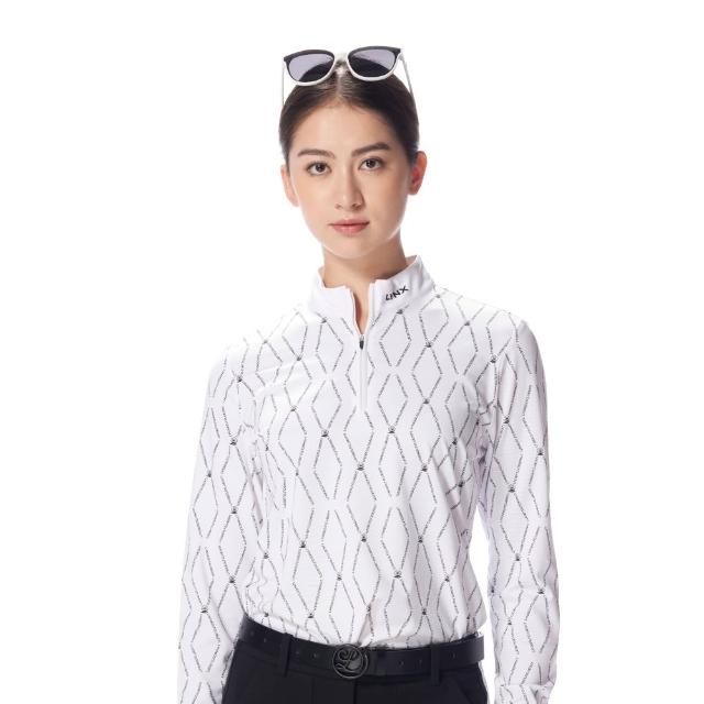 【Lynx Golf】女款吸濕排汗菱格花紋長袖POLO衫/高爾夫球衫-白色