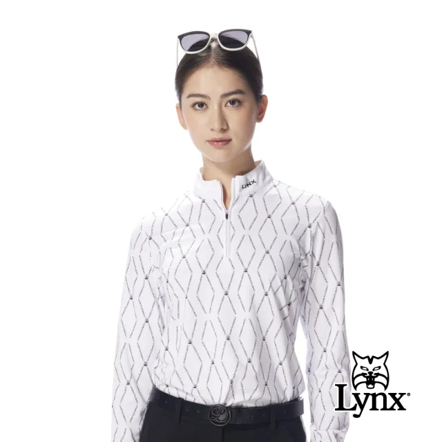 【Lynx Golf】女款吸濕排汗菱格花紋長袖POLO衫/高爾夫球衫-白色