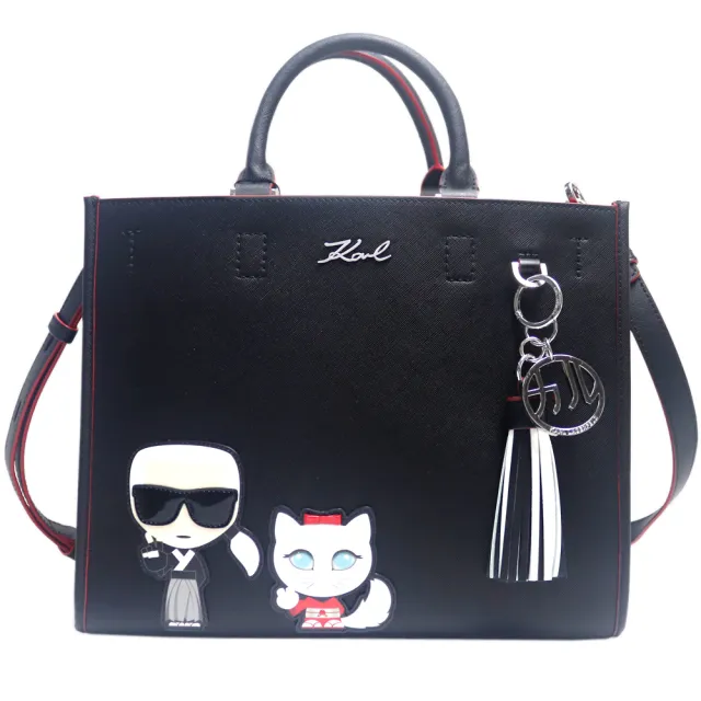 【KARL LAGERFELD 卡爾】墨鏡老佛爺&貓咪硬挺皮革手提斜背兩用包(黑色)