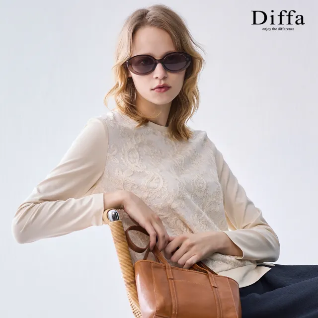 【Diffa】腰果花蕾絲異素材拼接開衩長袖針織衫-女