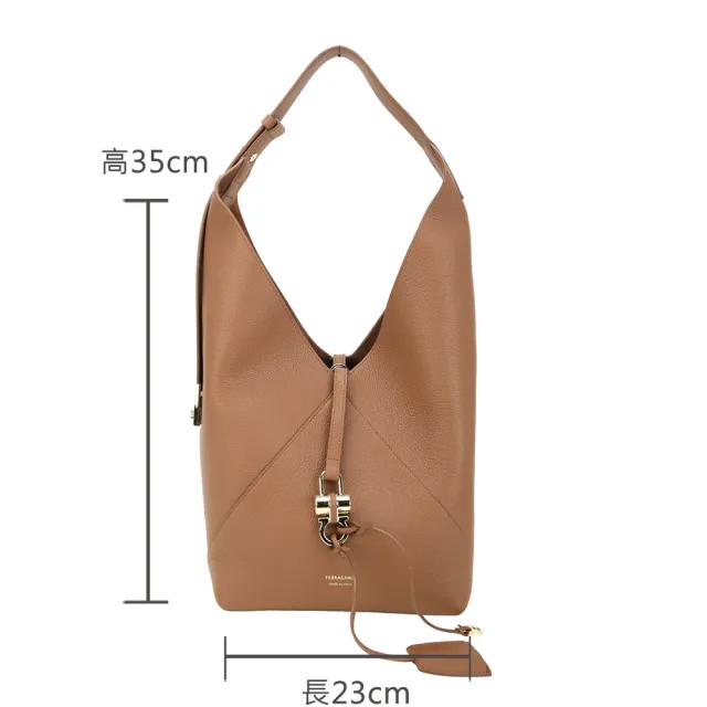 【Salvatore Ferragamo】Origami 小款 馬蹄吊飾 荔紋牛皮V型肩背Hobo包(棕色/附萬用包 流浪包)